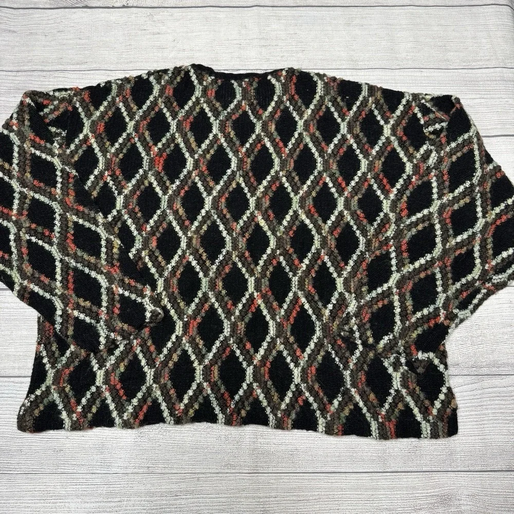 Vintage Italian Wool‎ Blend Sweater Geometric Diamond Knit Black Multicolor Crew